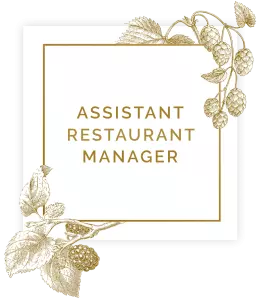 Sign saying assistant restaurant manager in square with floral decorations